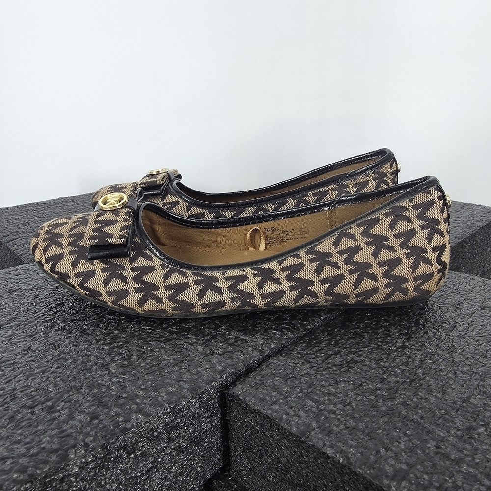Michael Kors Bolina 2 MK Monogram Ballet Flats Youth 3 Tan Black Bow Shoes
